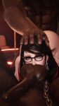 1girl 2boys 3d absurd_res bayonetta bayonetta_(series) glasses hand_on_another's_head high_res interracial multiple_boys oral penis piroguh smelling smelling_penis tagme testicle testicle_sucking testicles_on_face