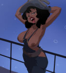  1girl alternate_version_available areola armpits arms_behind_head atlantis:_the_lost_empire audrey_ramirez audrey_rocio_ramirez big_breasts black_hair coolerinker dark-skinned_female dark_skin disney exposed_breasts female_focus female_only inker_comics inkershike long_hair looking_at_viewer naked_overalls nipples nude open_mouth overalls 