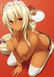 1girl ahoge antenna_hair arm_support bare_shoulders between_breasts black_panties blonde_hair blush breasts dark_elf dark_skin elf hair kneeling large_breasts long_hair looking_at_viewer looking_up maid_headdress nipples panties pointy_ears prime red_eyes sandaime_muramasa sansei_muramasa short_hair side-tie_panties silver_hair solo soukou_akki_muramasa tan thighhighs topless tray underwear underwear_only very_long_hair white_legwear