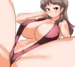 1girl blush breasts brown_eyes brown_hair female huge_breasts long_hair lying simple_background spread_legs tamanegiya white_background