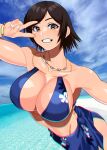  1girl akisu_k alluring beach big_breasts bikini bracelet brown_hair cleavage collarbone jewelry kazama_asuka looking_at_viewer namco necklace sarong sideboob smile swimsuit teeth tekken water 