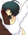 2d 2d_(artwork) artist_request asian_female big_breasts big_penis bottomless color dark-skinned_male glasses huge_breasts huge_cock illustration interracial licking_penis looking_at_viewer oc original original_character red_eyes veiny_penis