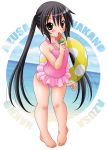 1girl barefoot black_hair brown_eyes casual_one-piece_swimsuit k-on! kahoaiu long_hair nakano_azusa one-piece_swimsuit popsicle swimsuit twin_tails twintails watermelon_bar