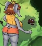 1girl 1other 2023 anthro anthrofied ass breasts clothing crown dominant_anthro elephant elephant_daisy elephant_tail elephant_trunk female_focus giantess goomba grass_field height_difference huge_ass huge_breasts mario_(series) moonlitesau nintendo outside princess_daisy standing super_mario_bros._wonder suprised_look tall_female