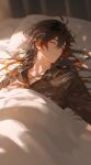 1boy ahoge blanket genshin_impact long_hair male male_only nomune on_bed pajamas pixiv_sample sleeping solo solo_focus solo_male sunlight zhongli_(genshin_impact)