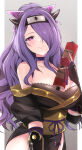 1girl 1girl alluring bare_shoulders big_breasts blush camilla_(fire_emblem) camilla_(ninja)_(fire_emblem) choker cleavage collarbone female_focus fingerless_gloves fire_emblem fire_emblem_fates fire_emblem_heroes fishnet_top fishnets flower gloves hair_over_one_eye headband high_res holding holding_scroll komurice long_hair looking_at_viewer ninja nintendo official_alternate_costume ponytail purple_eyes purple_gloves purple_hair red_flower red_rose rose scroll shuriken_hair_ornament sidelocks smile thighs wavy_hair