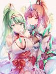  2_girls alluring alternate_costume big_breasts cosplay costume_switch glimmer_(xenoblade) green_hair high_res long_hair nintendo pneuma_(xenoblade) ponytail ui_frara very_long_hair xenoblade_(series) xenoblade_chronicles_2 xenoblade_chronicles_3 xenoblade_chronicles_3:_future_redeemed 