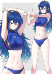  1girl 1girl 1girl alluring ameno_(a_meno0) bikini blue_bikini blue_eyes blue_hair blue_swimsuit brand_of_the_exalt female_only fire_emblem fire_emblem_awakening heart long_hair lucina lucina_(fire_emblem) nintendo one_eye_closed small_breasts solo_female stretching swimsuit symbol-shaped_pupils tiara 