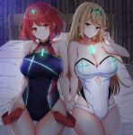 1girl 2_girls alluring bangs bare_shoulders bed big_breasts blonde_hair blush cleavage competition_swimsuit covered_navel gem headpiece high_res jewelry long_hair looking_at_viewer multiple_girls mythra nintendo noeomi one-piece_bikini pyra short_hair smile swept_bangs swimsuit thigh_gap thighs tiara xenoblade_(series) xenoblade_chronicles_2 yellow_eyes