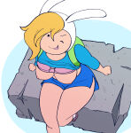 1girl adventure_time backpack bag blonde_hair bottomwear bra clothed_female clothing dolphin_shorts exposed_breasts exposing_chest female_only fionna_the_human fionna_the_human_girl footwear hat headwear human inker_comics inkershike long_hair pale_skin rabbit_ears shorts sitting thick_thighs tongue_out topwear wide_hips winking