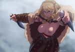 1girl alternate_version_available angry astrid_hofferson bare_breasts big_breasts blonde_hair blue_eyes coolerinker dual_wielding exposed_breasts exposed_nipples female_only fur_trim how_to_train_your_dragon inker_comics inkershike knife nipples no_bra skirt solo_focus topless weapons