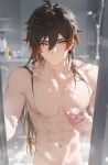  1boy ahoge alternate_hairstyle bath bathing bathroom genshin_impact long_hair looking_at_viewer male male_only nomune soap soap_bubbles solo solo_focus solo_male sponge wet wet_hair zhongli_(genshin_impact) 