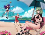  1girl 3_girls alluring alternate_costume alternate_hairstyle ass ball bare_legs beach big_ass big_breasts black_bikini black_swimsuit blush book byleth_(female)_(fire_emblem) byleth_(female)_(summer)_(fire_emblem) byleth_(fire_emblem) byleth_(fire_emblem)_(female) capelet casual_one-piece_swimsuit cleavage edelgard_von_hresvelg edelgard_von_hresvelg_(summer) enlightened_byleth_(female) female_only fire_emblem fire_emblem:_three_houses fire_emblem_heroes fire_emblem_warriors:_three_hopes frilled_one-piece_swimsuit frills green_eyes green_hair grey_hair hair_over_one_eye jumping legs long_hair looking_at_viewer multiple_girls nintendo ocean official_alternate_costume official_alternate_hairstyle one-piece_swimsuit outside playing ponytail purple_eyes purple_hair red_one-piece_swimsuit red_swimsuit rein_creamsoda sandals shez_(fire_emblem) shez_(fire_emblem)_(female) shez_(summer)_(fire_emblem) sideboob small_breasts smile swimsuit umbrella very_long_hair volleyball volleyball_net water white_hair 