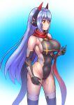  1girl 1girl 1girl alluring android bare_shoulders big_breasts covered_navel elbow_gloves eyebrows_visible_through_hair fukadumeasadume gloves hair_between_eyes headgear high_res highleg highleg_leotard joints latex leotard long_hair nintendo one-piece_swimsuit poppi_(xenoblade) poppi_qtpi_(xenoblade) purple_hair red_scarf robot_ears robot_joints scarf sidelocks skin_tight smile stockings swimsuit xenoblade_(series) xenoblade_chronicles_2 yellow_eyes 