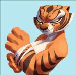  1girl angry_face anthro bandage big_breasts coolerinker covered_nipples covering_breasts digital_media_(artwork) dreamworks feline female_focus female_only furry inker_comics inkershike kung_fu_panda master_tigress muscular_female red_eyes simple_background tiger 