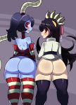 1girl ass bare_shoulders big_ass black_hair black_legwear blue_hair blue_skin blush bottomless breasts clothed clothing detached_sleeves drooling female filia filia_(skullgirls) frown futakuchi-onna hair hair_over_one_eye half-dressed high_res hips human leviathan_(skullgirls) long_hair looking_at_viewer looking_back monster monster_girl multiple_girls ponytail purple_background red_eyes saliva samson samson_(skullgirls) schoolgirl side_ponytail sideboob simple_background skullgirls squigly squigly_(skullgirls) ss2_(artist) sssonic2 standing stitched_mouth stockings striped striped_legwear striped_sleeves thick_thighs thighs tongue undead wide_hips zettai_ryouiki zombie