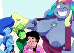  1boy 1girl 3_girls big_breasts bismuth_(steven_universe) blue_skin blush breasts breasts_out cartoon_network clothing flashing flashing_breasts fusion gem_(species) green_skin huge_breasts inker_comics inkershike lapis_lazuli_(steven_universe) male medium_breasts multicolored_hair nipples one_eye_closed peridot_(steven_universe) small_breasts small_breasts smile steven_quartz_universe steven_universe tongue tongue_out visor wink 