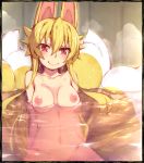 1girl 1girl 1girl animal_ears bangs black_border blonde_hair border breasts closed_mouth eyebrows eyebrows_visible_through_hair fox_girl izuna_(shinrabanshou) kitsune kitsunemimi long_hair looking_at_viewer medium_breasts multiple_tails navel nipples nude onsen red_eyes saru_000 shinrabanshou sitting smile steam tail water wet