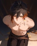  1boy bound from_above genshin_impact looking_at_viewer male male_only no_shirt nomune pixiv_sample red_eyeliner rope solo_focus solo_male tied_up_(nonsexual) topless topless_male zhongli_(genshin_impact) 