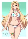  1girl alluring alternate_costume bare_legs big_breasts blonde_hair cleavage female_only mythra nintendo pin_up sonicheroxd swimsuit xenoblade_(series) xenoblade_chronicles_2 yellow_eyes 