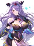  1girl 1girl alluring bare_shoulders big_breasts black_panties bug butterfly camilla_(fire_emblem) camilla_(resplendent)_(fire_emblem) cleavage covered_navel cowboy_shot fake_horns fire_emblem fire_emblem_fates fire_emblem_heroes gloves hair_over_one_eye high_res horns insect long_hair looking_at_viewer nintendo official_alternate_costume panties purple_eyes purple_gloves purple_hair simple_background smile thighs underwear wavy_hair white_background zqzbq 