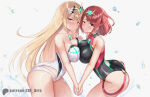  2_girls ahoge alluring ass bare_shoulders big_breasts bikini blonde_hair blush breast_press circlet leaning leaning_forward long_hair looking_at_viewer multiple_girls mythra mythra_(radiant_beach)_(xenoblade) one-piece_bikini orange_eyes pin_up pyra pyra_(pro_swimmer)_(xenoblade) red_eyes red_hair short_hair sideboob smile swimsuit symmetrical_docking very_long_hair xenoblade_(series) xenoblade_chronicles_2 z-ki 