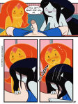  1boy 2_girls adventure_time age_difference black_hair blush cartoon_network comic deepthroat drpizzaboi1 english_text fellatio fellatio finn_the_human flame_princess grey_skin handjob inkershike long_hair marceline mature_female mature_woman older_female orange_hair orange_skin page_8 page_number pale_skin penis straight_hair text threesome vampire watching younger_female younger_male 