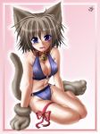  1girl animal_ears animal_tail bell bikini brown_hair cat_ears cat_tail collar machineko original purple_eyes short_hair solo swimsuit tail violet_eyes 