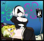  1boy 1girl ass nier:_automata nier_(series) presenting sexually_suggestive short_hair spongebob spongebob_squarepants spongebob_squarepants_(character) white_hair yorha_2b yorha_no._2_type_b 