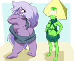 2_girls amethyst_(steven_universe) ass ass_cleavage bbw breasts butt_crack curvy green_hair inkershike multiple_girls peridot_(steven_universe) purple_skin reverse_virgin_killer_sweater shortstack standing steven_universe virgin_killer_sweater wardrobe_malfunction