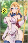  1girl alluring big_breasts blonde_hair cloak delux_drawings dress earrings elbow_gloves gloves gold_circlet jewelry looking_at_viewer nintendo o-ring pelvic_curtain pointy_ears princess_zelda revealing_clothes smile stockings the_legend_of_zelda the_legend_of_zelda:_echoes_of_wisdom tri_(zelda) tri_rod 