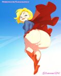  1girl 2024 anus_peek ass big_ass blonde_hair blue_background blue_eyes boots cape chickpea color colored dc_comics dc_super_hero_girls digital_drawing_(artwork) fat_ass female_only flying heroine huge_ass kara_zor-el light-skinned_female looking_at_viewer looking_back looking_back_at_viewer looking_over_shoulder pawg pussy_peek short_hair simple_background smile supergirl superhero superhero_costume superheroine uncensored 