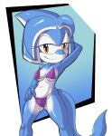  1girl 2021 anthro bedroom_eyes bikini blue_skin cameltoe cetacean cleavage dolphin fan_character fours_(artist) hand_behind_head hand_on_hip high_res looking_at_viewer mammal marine multicolored_skin original_character posing purple_bikini shell_bikini short_hair smirk sonic_legacy sonic_oc sonic_the_hedgehog_(series) tail tempest_the_dolphin toothed_whale yellow_eyes 