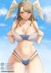  1girl 1girl 1girl alluring angel_wings bare_legs big_breasts big_breasts bikini bikini_top_lift blue_eyes breast_tattoo brown_hair chest_tattoo child_bearing_hips cleavage clothes_lift eunie_(xenoblade) female_only grin high_res kinakokoyamamori legs lifted_by_self looking_at_viewer naughty_face navel short_hair smile sweat tattoo teasing thick_thighs thighs voluptuous wide_hips wings xenoblade_(series) xenoblade_chronicles_3 