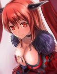 1girl breasts choker cleavage dress foreshortening horns huge_breasts long_hair looking_at_viewer maou_(maoyuu) maoyuu_maou_yuusha red_eyes red_hair smile solo tea_(nakenashi)