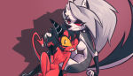  1girl anthro black_fur black_hair breasts canid canine claws coolerinker demon female_only flat_chested fluffy_(artist) fluffy_tail gloves grey_hair hair helluva_boss horns humanoid imp inker_comics inkershike loona_(helluva_boss) millie_(helluva_boss) nipples one_eye_closed open_mouth open_smile red_body red_eyes simple_background small_breasts smile tail teeth two_tone_fur white_fur 