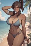  1girl ai_generated beach bikini dark-skinned_female female_only korra modeus14 ocean one_arm_up outside palm_tree the_legend_of_korra 