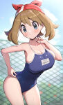  1girl absurd_res alluring alternate_costume big_breasts bikini blue_eyes brown_hair creatures_(company) game_freak gonzarez high_res may may_(pokemon) nintendo one-piece_bikini pokemon pokemon_rse school_swimsuit swimsuit 