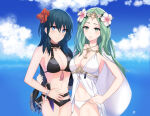  1girl 2_girls alluring alternate_costume bikini black_bikini black_swimsuit blue_eyes byleth_(fire_emblem) byleth_(fire_emblem)_(female) byleth_(summer)_(fire_emblem)_(female) female_only fire_emblem fire_emblem:_three_houses fire_emblem_heroes green_eyes green_hair light-skinned_female light_skin lilshironeko nintendo official_alternate_costume rhea_(fire_emblem) rhea_(summer)_(fire_emblem) source_larger swimsuit teal_hair white_bikini white_swimsuit 