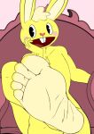  1boy 5_toes anthro barefoot bunny chair crossed_legs cuddles cuddles_(htf) cyborg-steve edit feet foot_fetish foot_focus fuckboy happy_tree_friends head_on_hand lagomorph leporid male male_only mammal mondo_media rabbit sitting smile soles yellow_fur 