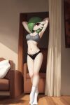 1girl big_ass breasts cute gardevoir green_hair lingerie living_room panties posing seductive unknown_artist wake_up white_skin