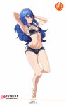  1girl 1girl 1girl alluring arms_behind_head arms_up bare_legs bare_midriff barefoot black_panties blue_eyes blue_hair bra crazzeffect female_only fire_emblem fire_emblem_awakening full_body hair_between_eyes legs lingerie long_hair looking_at_viewer lucina lucina_(fire_emblem) midriff nintendo panties small_breasts smile symbol-shaped_pupils tiara underwear white_background 