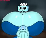 1boy 1futa bearalpha_r34_fan blush clothing cum dandy&#039;s_world dark_background first_porn_of_character futa_mommy futanari half_naked huge_penis hyper_breasts liquid looking_at_viewer non-human_only roblox tisha_(dandy&#039;s_world) tissue tissue_box toony