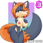  2019 bedroom_eyes big_breasts biting_lip black_and_orange_fur blue_eyes breasts fox hand_covering_pussy hand_on_breast long_tail multicolored_tail nude nude_pose orange_hair pussy rio_the_fox smile sonic_oc sonic_the_hedgehog_(series) vellvetfoxie 