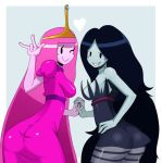  2girls \m/ adventure_time ass big_breasts black_eyes black_hair blue_background breasts crown dress fang from_behind grin hand_holding heart high_res interlocked_fingers long_hair looking_back marceline multiple_girls pink_hair pink_skin princess_bubblegum sideboob simple_background ss2_(artist) striped striped_legwear tiara vampire very_long_hair white_border wink 