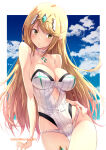 1girl 1girl alluring big_breasts bikini blonde_hair blue_sky blush choker cleavage cloud commentary_request headpiece high_res izumi_mahiru long_hair looking_at_viewer mythra mythra_(radiant_beach)_(xenoblade) one-piece_bikini sky strapless strapless_one-piece_bikini swimsuit thigh_gap white_one-piece_swimsuit xenoblade_(series) xenoblade_chronicles_2 yellow_eyes