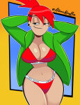 1girl 1girl 2023 arms_behind_head atomickingboo bikini breasts child_bearing_hips cleavage confident curvy foster's_home_for_imaginary_friends frankie_foster green_jacket half-closed_eyes legs looking_at_viewer navel outside pose posing red_hair seductive seductive_look seductive_smile sensual thick_thighs thighs