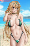 1girl alluring baileymcpatty beach big_breasts bikini black_bikini black_swimsuit blonde_hair choker clouds long_hair looking_at_viewer midriff mythra navel nintendo o-ring o-ring_bikini o-ring_swimsuit ocean outside sky swimsuit tiara water wet xenoblade_(series) xenoblade_chronicles_2 yellow_eyes