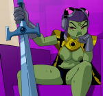 1girl alien alien_girl ascalon_(sword) attea ben_10 ben_10:_omniverse big_breasts black_panties breasts cape cartoon_network coolerinker female_only frog_girl frown gloves green_hair green_skin hat incursean inker_comics inkershike panties red_eyes sitting sitting_on_chair solo_female solo_focus sword weapon