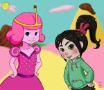 2girls adventure_time black_hair blue_eyes cake candy cartoon_network crossover disney flan food glitch hood hoodie multiple_girls pink_hair pink_skin princess_bonnibel_bubblegum princess_bubblegum pudding scanlines threeworlds tiara vanellope_von_schweetz wreck-it_ralph yellow_eyes younger